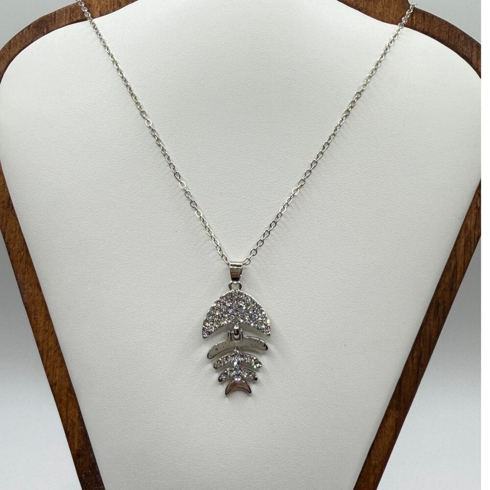 Silver‑Tone Pave Fishbone Pendant Necklace – Sparkly & Playful 9" drop